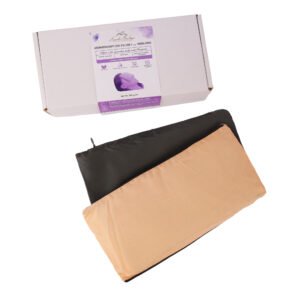 Aromatherapy eye pillow in peach with its outer pouch and box