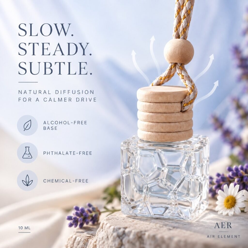 AER car perfume diffuser: slow, steady, subtle natural diffusion – alcohol-free base, phthalate-free, chemical-free