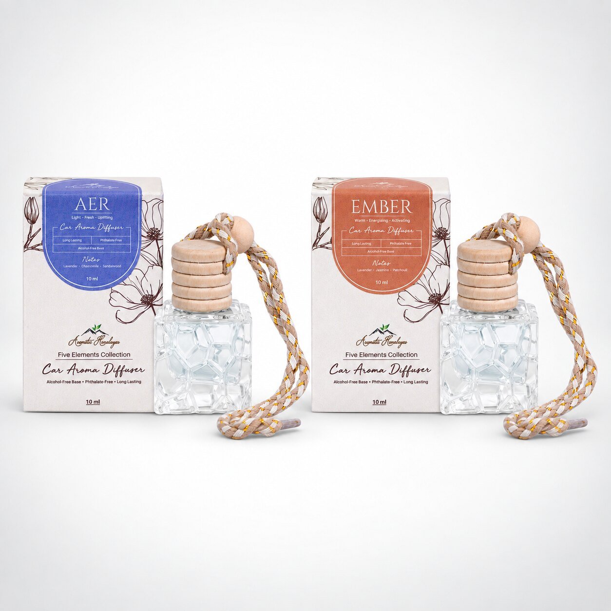 AER and EMBER car perfume diffuser duo, each with its box – Air and Fire elements
