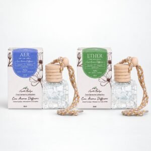 AER and ETHER car perfume diffuser duo, each with its box – Air and Space elements