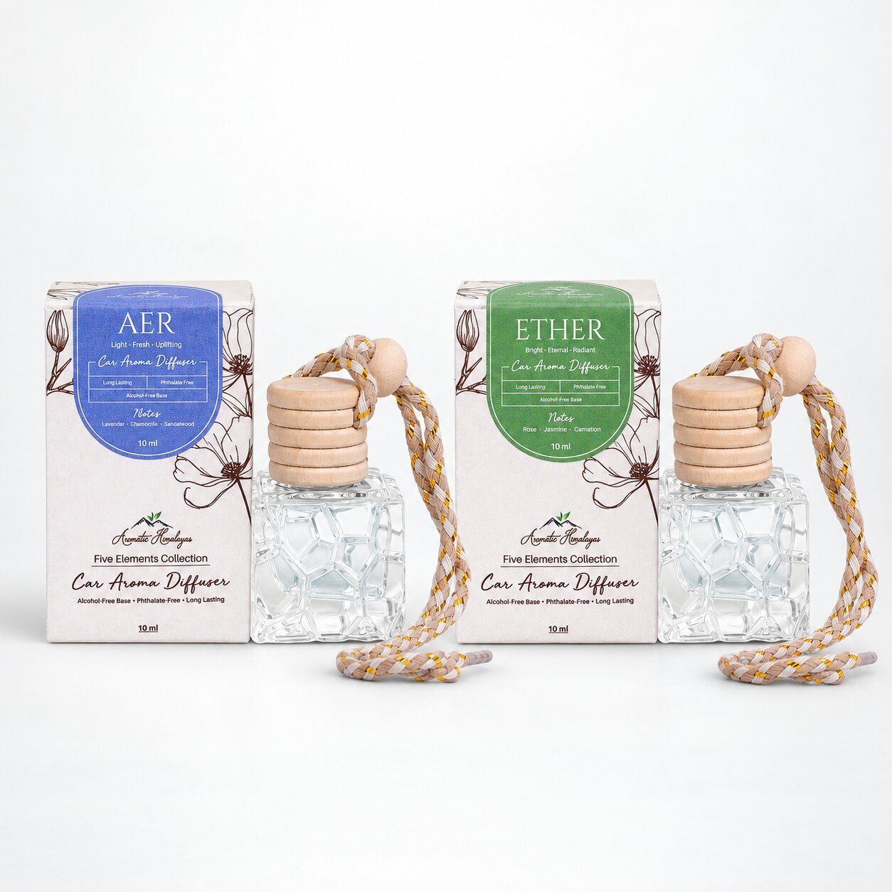AER and ETHER car perfume diffuser duo, each with its box – Air and Space elements