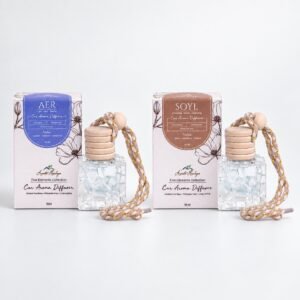 AER and SOYL car perfume diffuser duo, each with its box – Air and Earth elements
