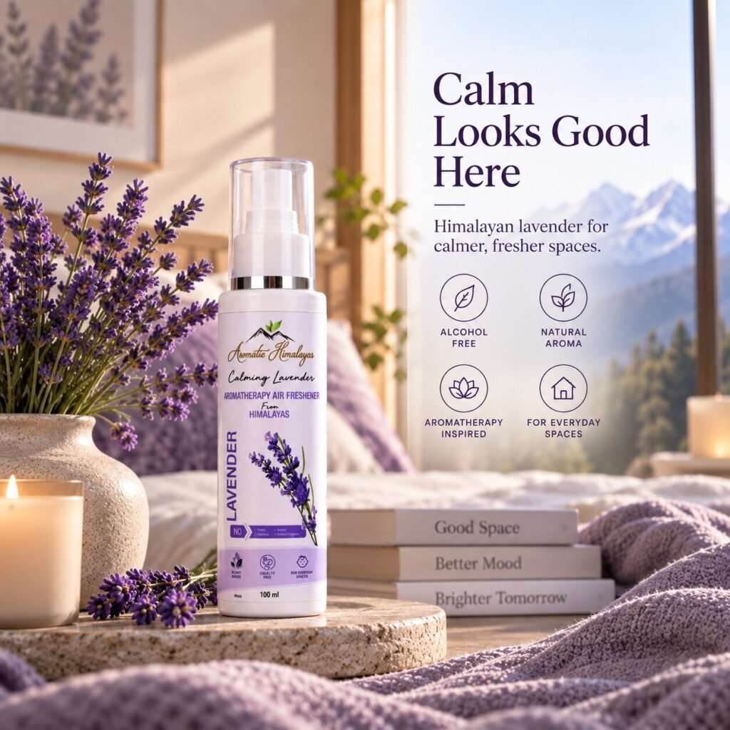 Calming Lavender air freshener with fresh lavender in a calm living space