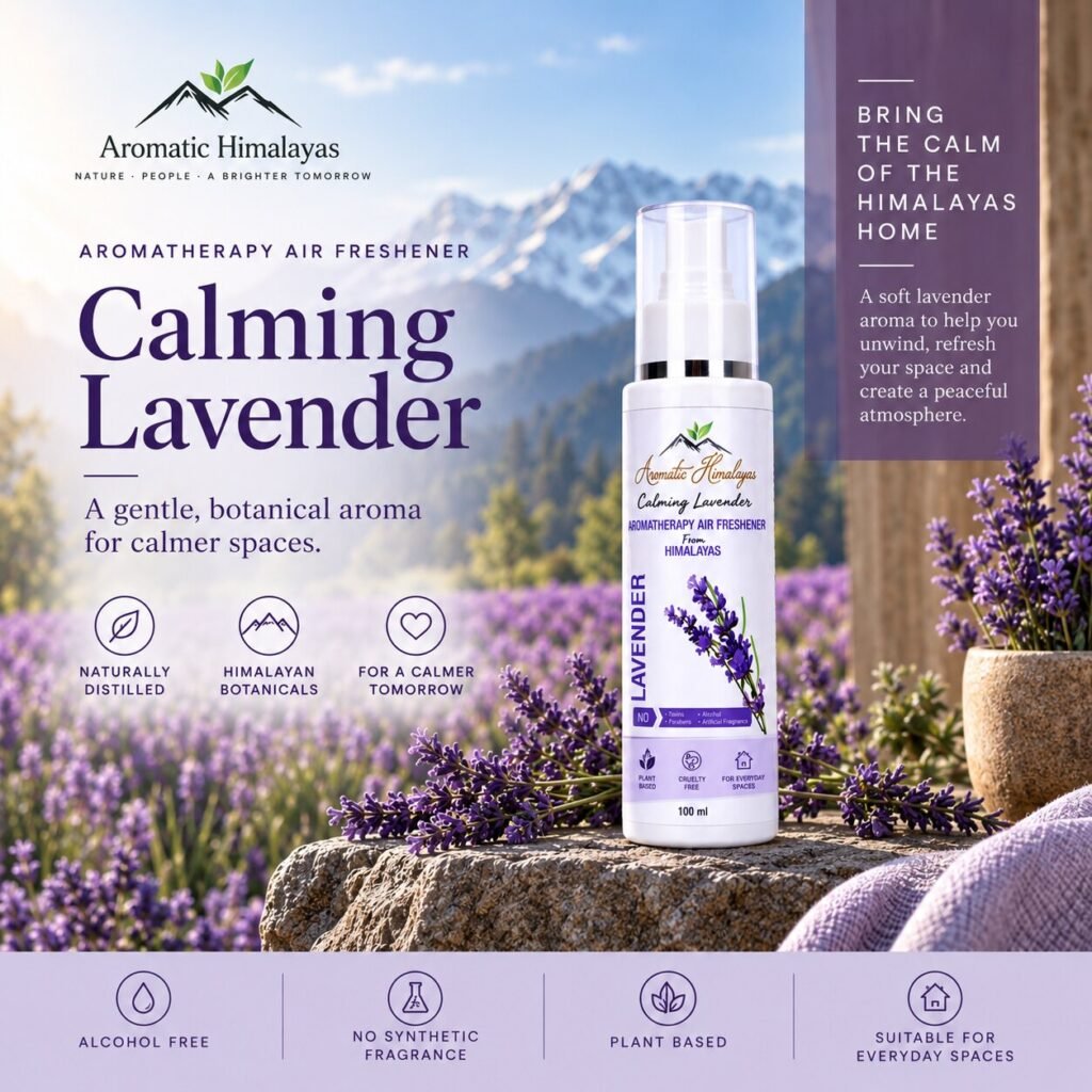 Calming Lavender aromatherapy air freshener features: naturally distilled, Himalayan botanicals