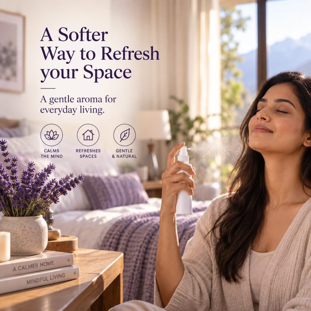Spraying Calming Lavender air freshener into the room