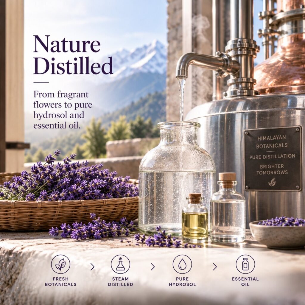 From fragrant lavender flowers to pure hydrosol and essential oil by steam distillation