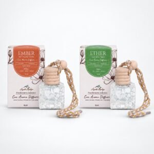 EMBER and ETHER car perfume diffuser duo, each with its box – Fire and Space elements