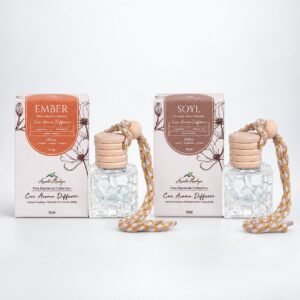 EMBER and SOYL car perfume diffuser duo, each with its box – Fire and Earth elements