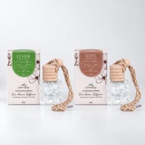 ETHER and SOYL car perfume diffuser duo, each with its box – Space and Earth elements