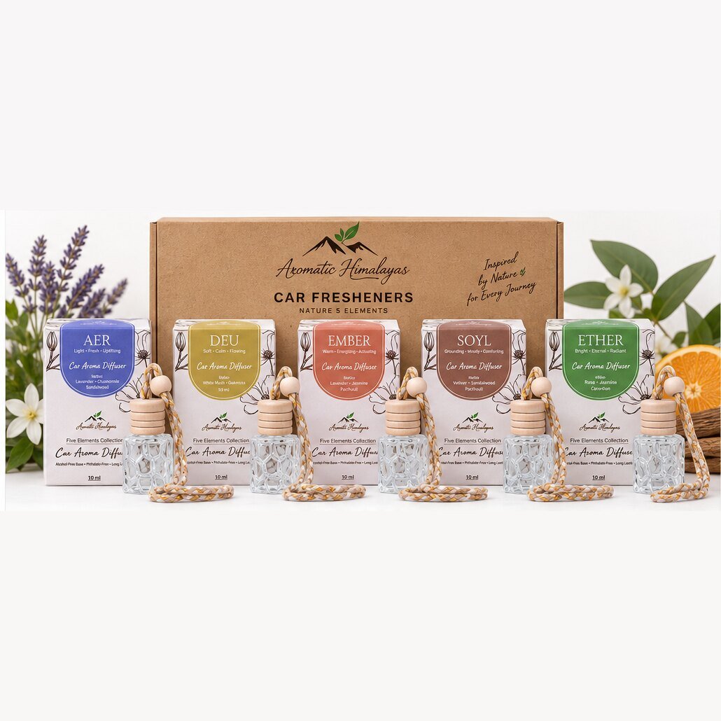 Five Elements car perfume diffuser set: AER, DEU, EMBER, SOYL and ETHER, each with its box
