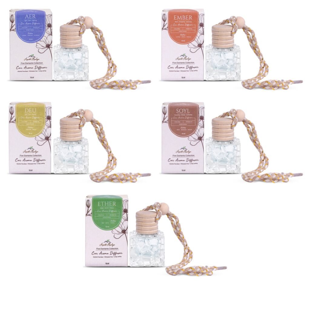 Aromatic Himalayas Five Elements car perfume diffusers – AER, EMBER, DEU, SOYL and ETHER, each with its box