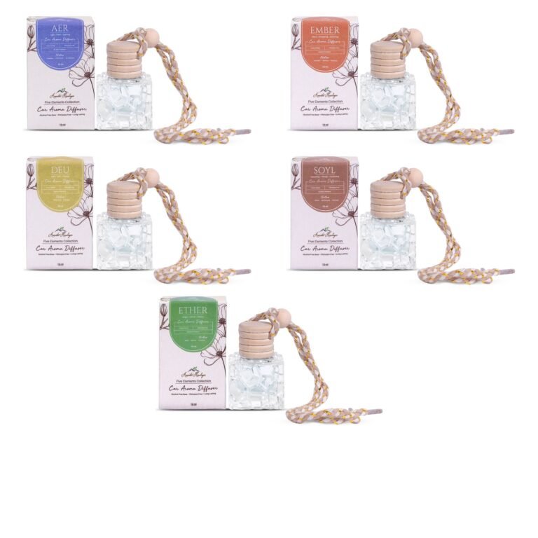Aromatic Himalayas Five Elements car perfume diffusers – AER, EMBER, DEU, SOYL and ETHER, each with its box