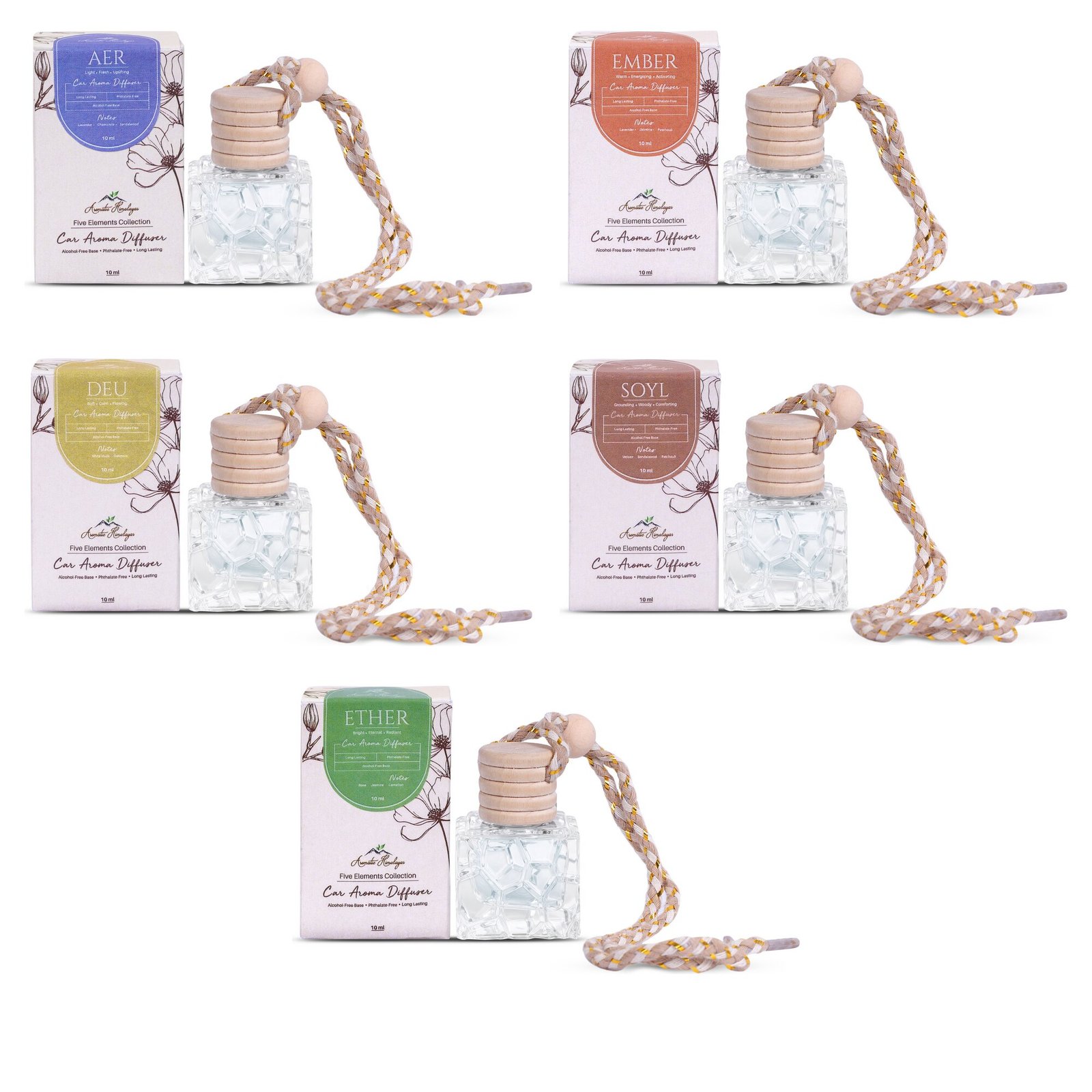 Aromatic Himalayas Five Elements car perfume diffusers – AER, EMBER, DEU, SOYL and ETHER, each with its box