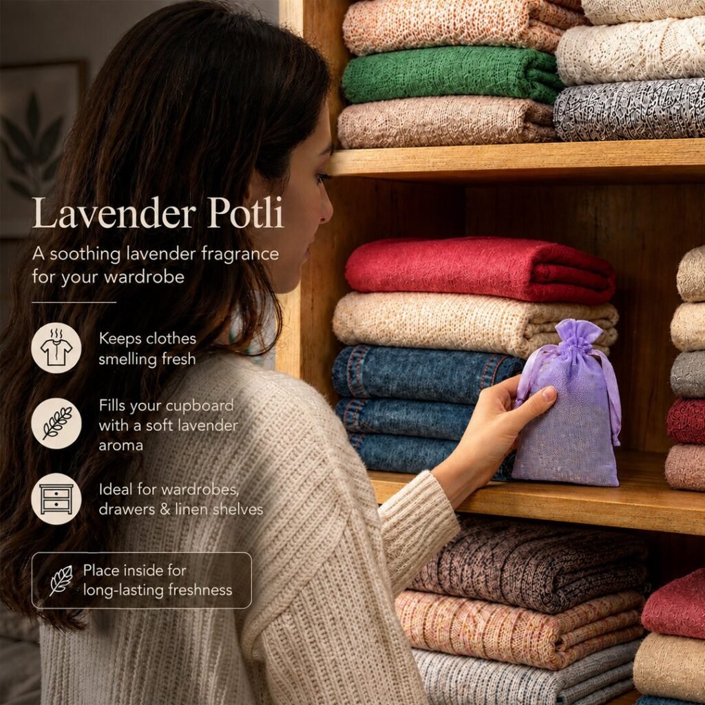 Placing a lavender sachet on a wardrobe shelf with folded clothes