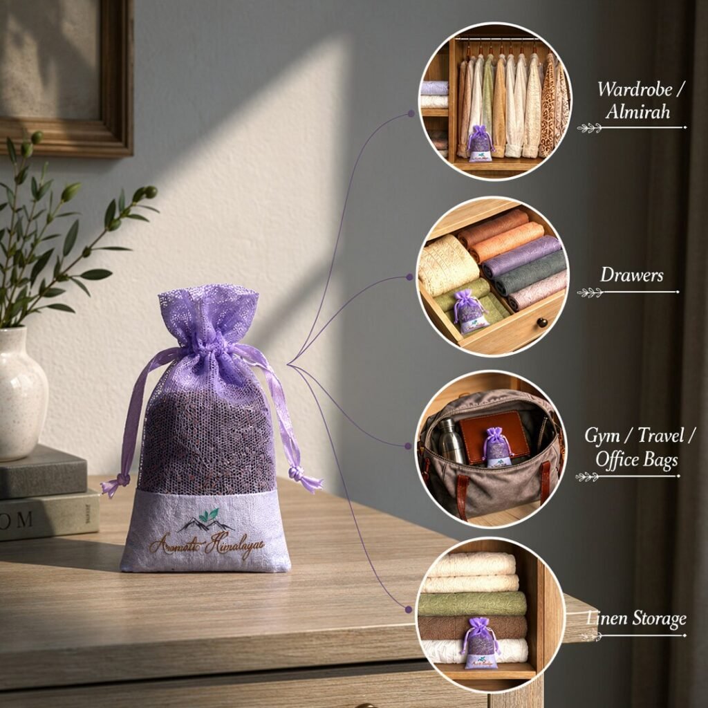 Where to use a lavender sachet 20 g: wardrobe, drawers, bags, linen storage