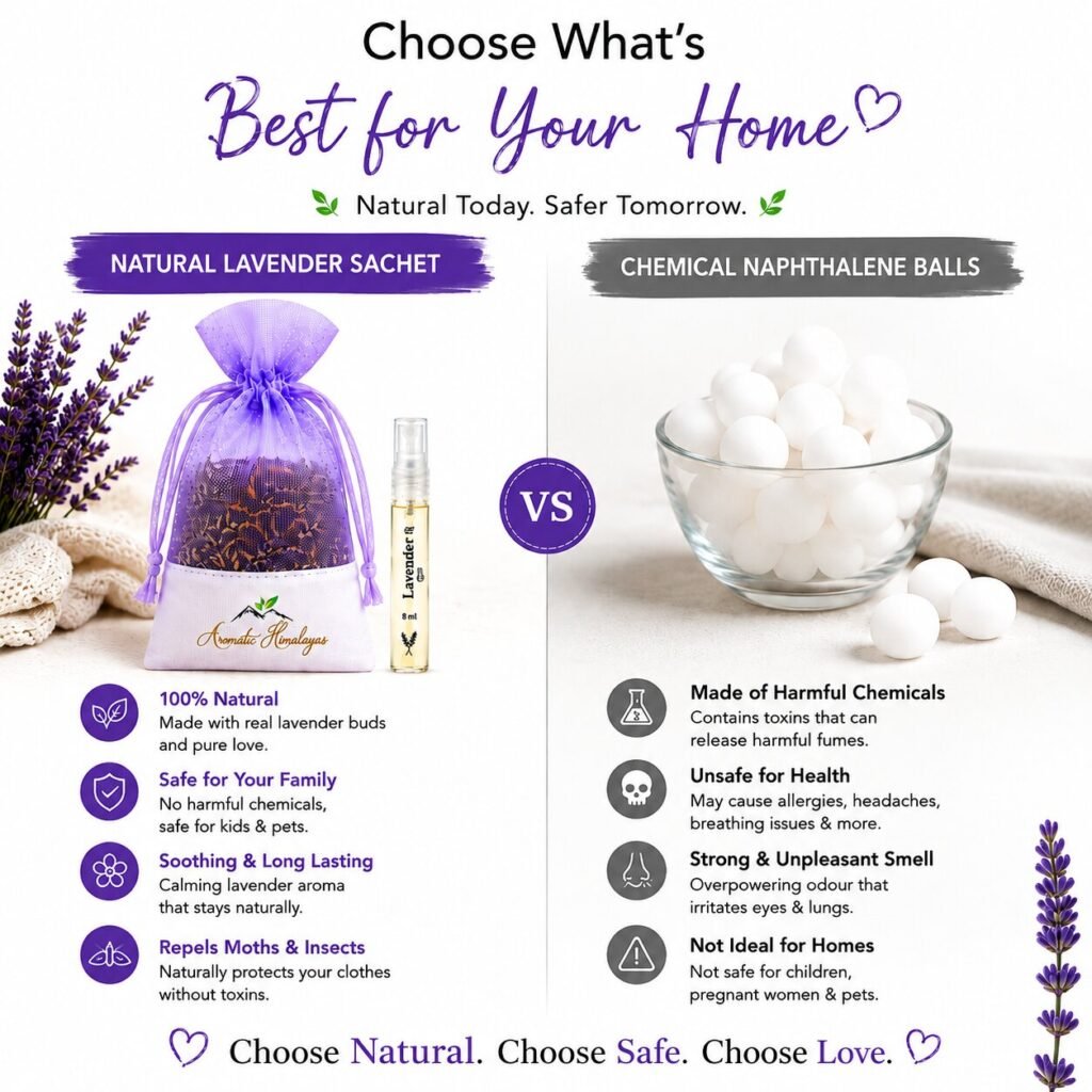 Natural lavender sachet with oil versus chemical naphthalene balls