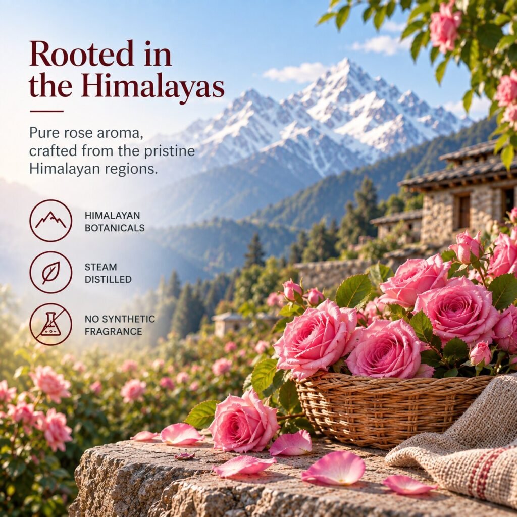 Roses with Himalayan mountains: steam distilled, no synthetic fragrance