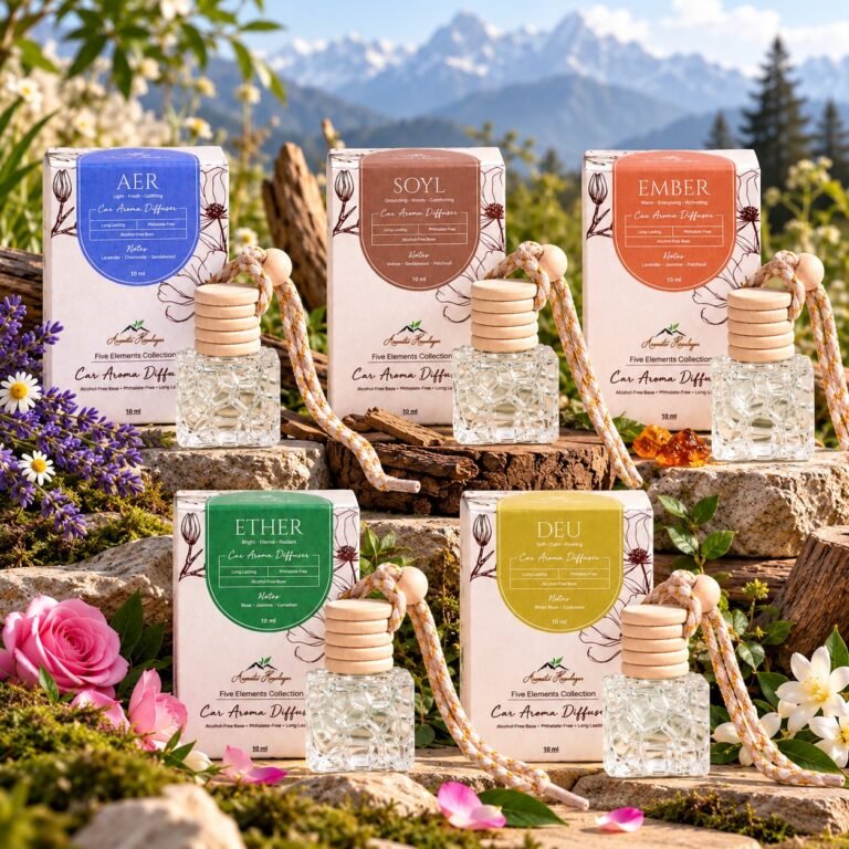 Aromatic Himalayas Five Elements car aroma diffusers – AER, SOYL, EMBER, ETHER and DEU – with their boxes in a Himalayan meadow